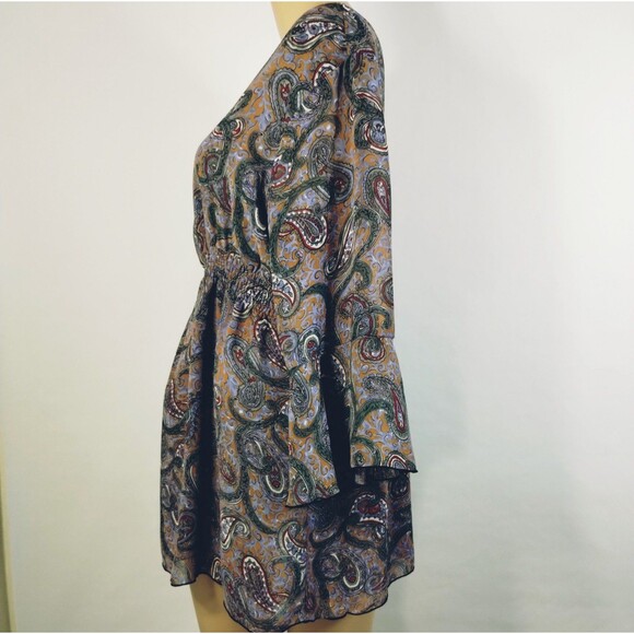 Chiffon Top Size XL Blue Green Paisley Lined Ruffled Sleeve Boho Milkmaid Flowy - Picture 5 of 12